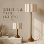 Sculptural Wood Lamp with Pleated Fabric Shade - Image 3