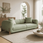 Curved Suede Three-Seater Sofa with Wood Accents - Image 3