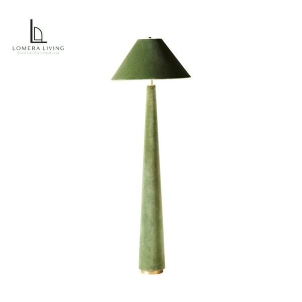 Sculptural tapered green floor lamp with fabric shade