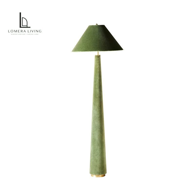 Sculptural Tapered Floor Lamp in Green Sculptural tapered green floor lamp with fabric shade