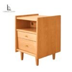 Natural cherry wood nightstand with two drawers, open shelf and brass pulls