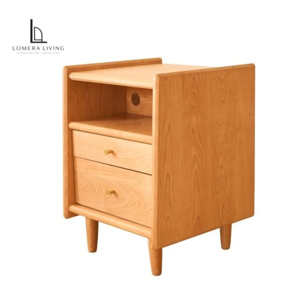 Natural cherry wood nightstand with two drawers, open shelf and brass pulls