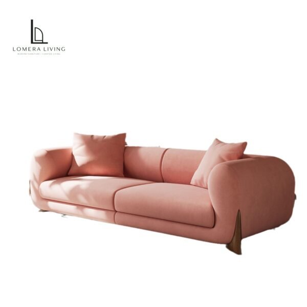 Curved suede three-seater sofa in Colour 5 with wood accents