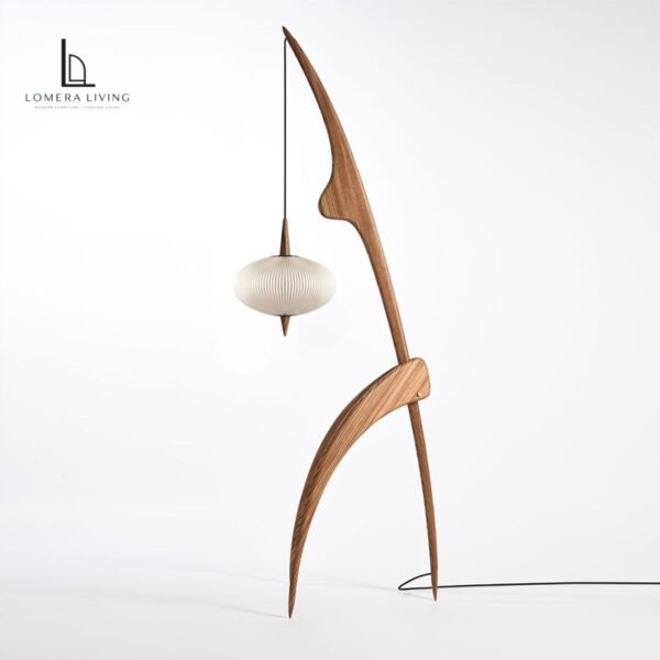 Sculptural wooden hanging floor lamp with suspended silk shade