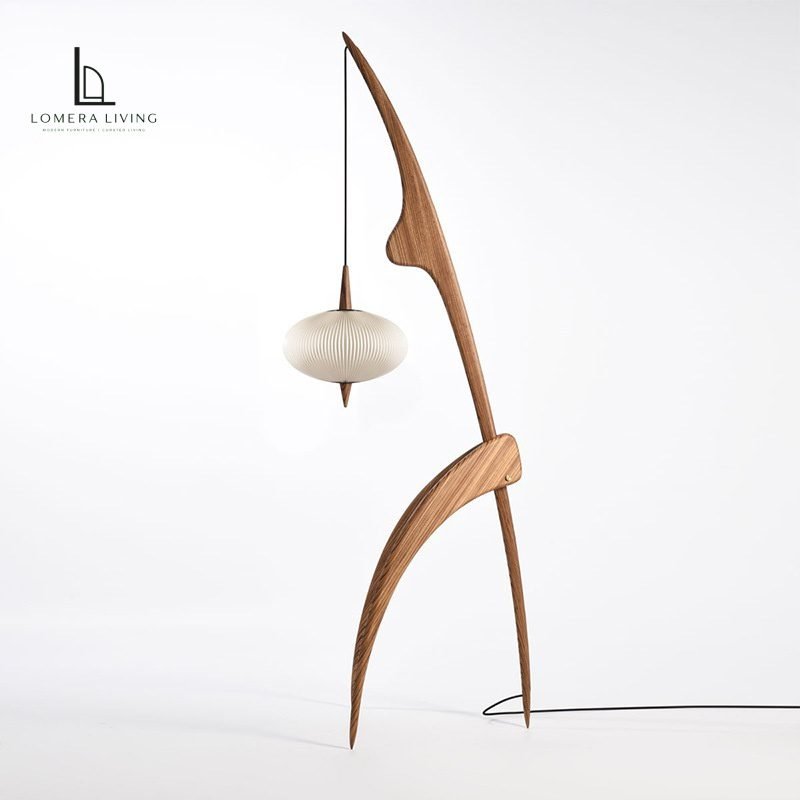 Sculptural wooden hanging floor lamp with suspended silk shade