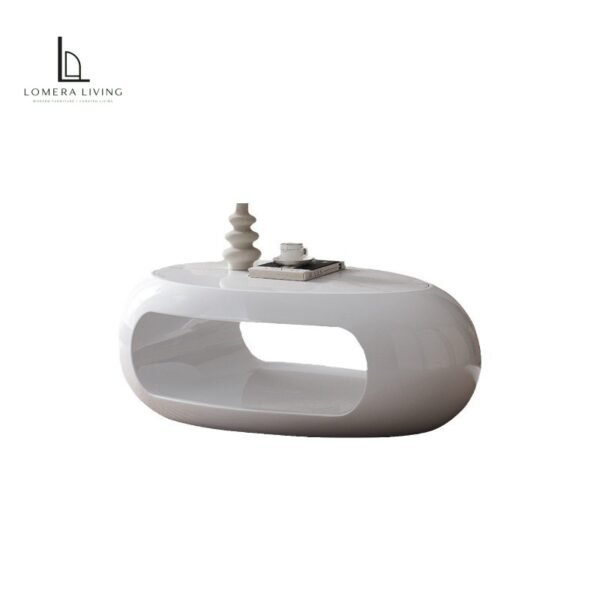 Sculptural white oval coffee table with high-gloss finish and open storage
